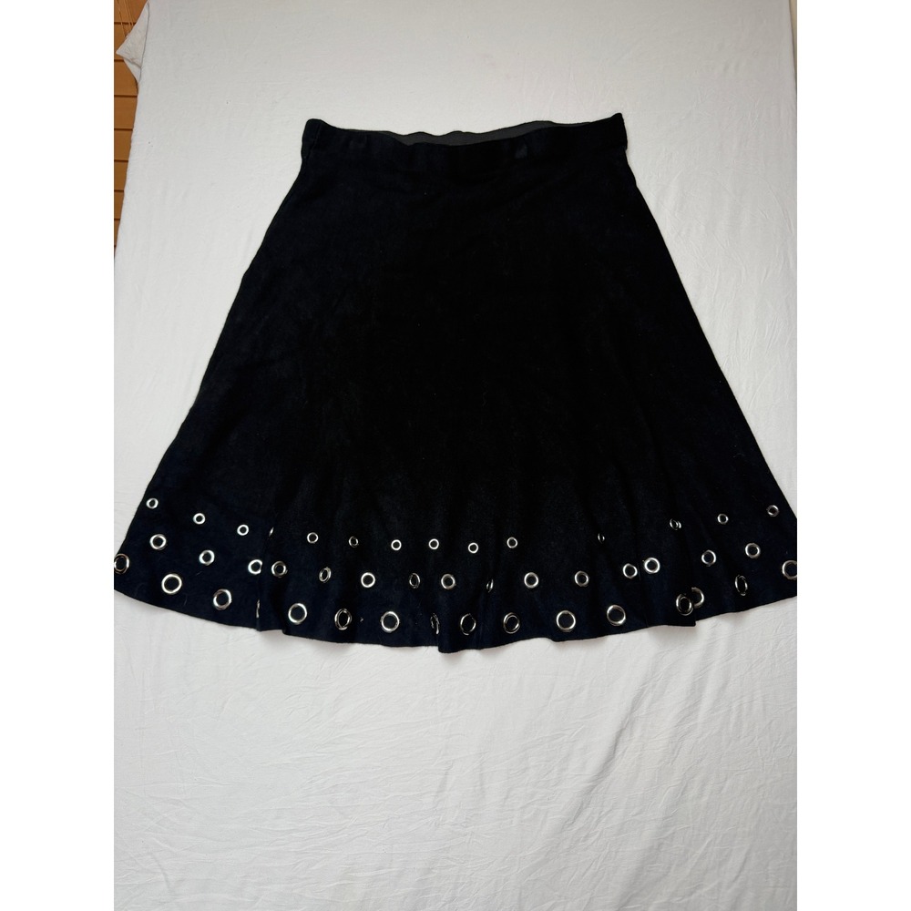 Sioni Studio Womens XL Black Knit A-Line Skirt Silver Grommet Eyelet Hem Edgy